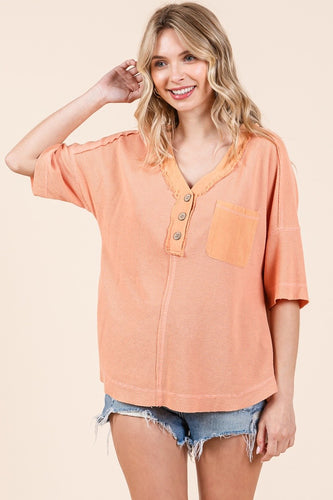 Ladies Coral Waffle Button Front Top