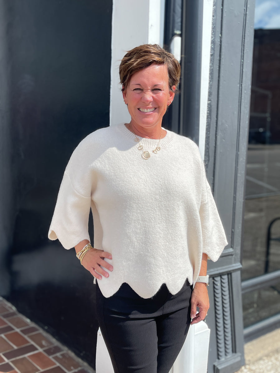 3/4 Sleeve Cream Scallop Detail Sweater – LandyLane Boutique