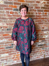 Load image into Gallery viewer, Red Floral Jacquard Long Sleeve Mini Dress With Pockets