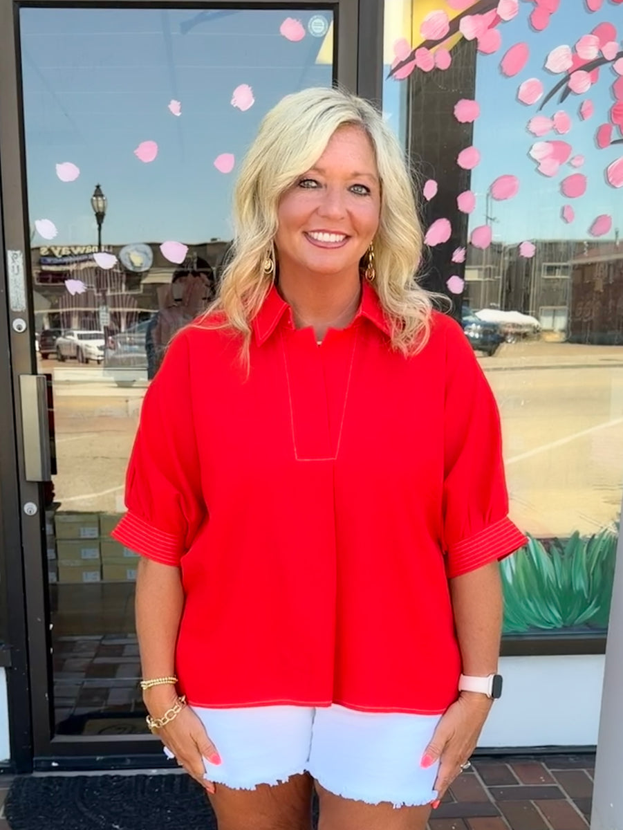Decembermay ポロシャツ Bicolor Dolman sleeve omato Red Collared Dolman Sleeve Top | LandyLane Boutique