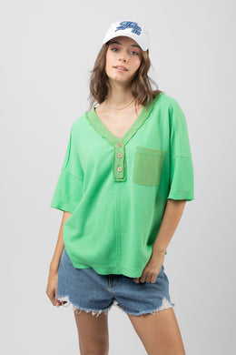 Ladies Mellon Green Waffle Button Front Top