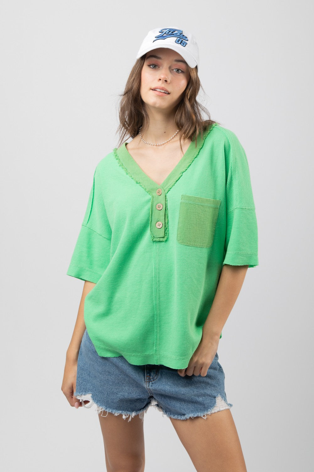 Ladies Mellon Green Waffle Button Front Top
