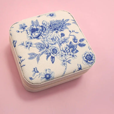 Blue Florals Vegan Leather Travel Jewelry Box