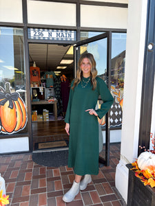 Pine Green Long Sleeve Mock Neck Midi Dress
