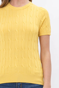 Ladies Short Sleeve Twist Cable Sweater- Yellow
