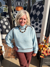 Load image into Gallery viewer, Light Blue Contrast Trim Mock Neck Sweater