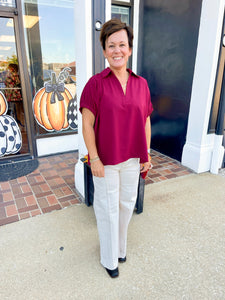 Burgundy Split Collar Side Slit Top