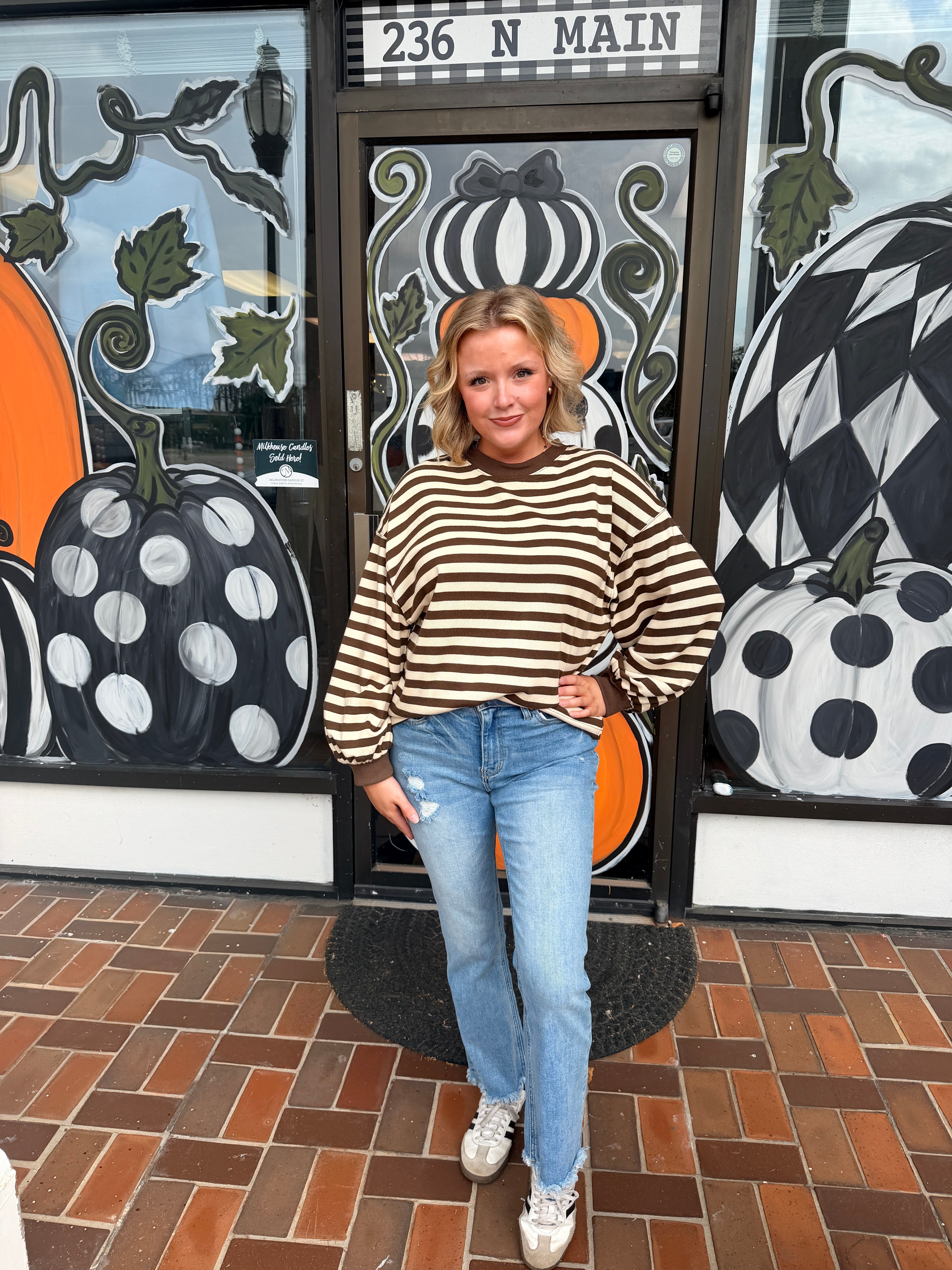 Blue & Chocolate Brown Stripe Waffle Knit Top | LandyLane Boutique