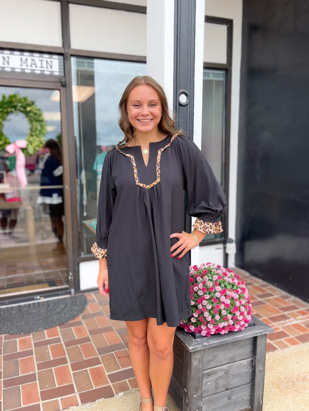 Black Tunic Dress with Leopard Trim