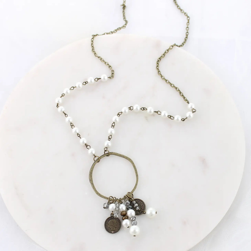 34” Vintage Coin And Pearl Loop Cluster Necklace