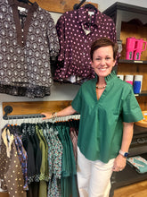Load image into Gallery viewer, Dark Green Pleated Neck Cotton Top
