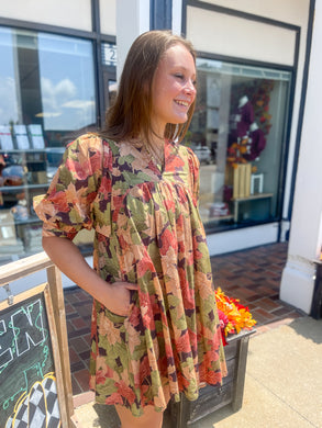 Floral Print 3/4 Sleeve Lined Dress With Side Pockets
