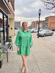 Ladies Kelly Green Collared Bubble Sleeve Button Down Short Dress