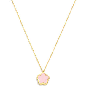 Gold Dipped Dainty Chain Link Necklace Featuring Flower Pendant- Pink