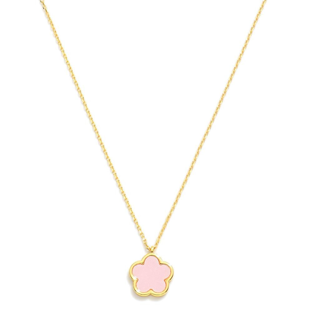 Gold Dipped Dainty Chain Link Necklace Featuring Flower Pendant- Pink