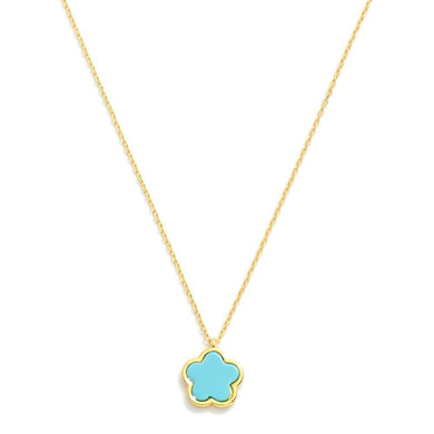 Gold Dipped Dainty Chain Link Necklace Featuring Flower Pendant- Turquoise