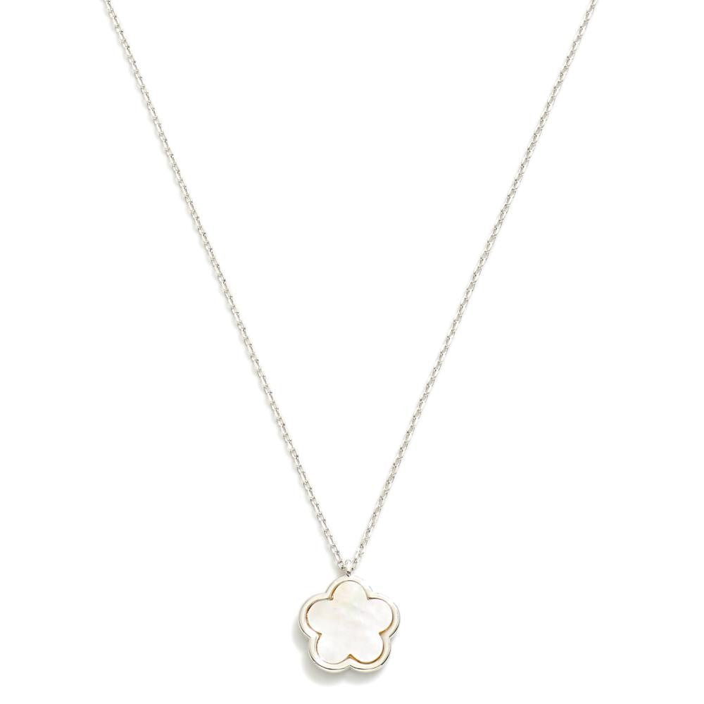 White Gold Dipped Dainty Chain Link Necklace Featuring Flower Pendant- White