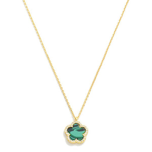 Gold Dipped Dainty Chain Link Necklace Featuring Flower Pendant With Rhinestone Border- Green