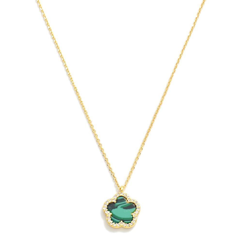 Gold Dipped Dainty Chain Link Necklace Featuring Flower Pendant With Rhinestone Border- Green