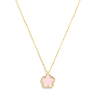 Gold Dipped Dainty Chain Link Necklace Featuring Flower Pendant With Rhinestone Border- Pink