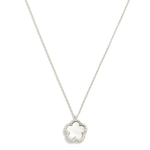 Gold Dipped Dainty Chain Link Necklace Featuring Flower Pendant With Rhinestone Border- Silver