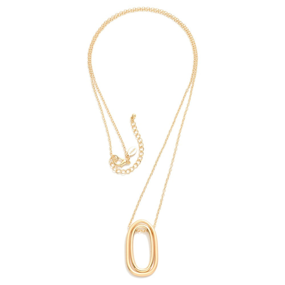Long Chain Link Necklace Featuring Linked Gold Tone Oval Pendant