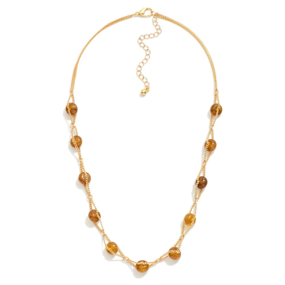 Intertwined Chain Link & Brown Stone Beaded Necklace