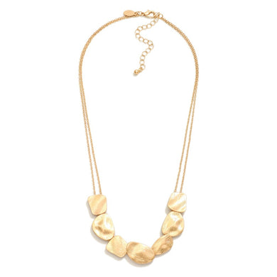 Double Chain Link Necklace Featuring Brushed Metal Geometric Shape Accents