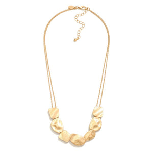 Double Chain Link Necklace Featuring Brushed Metal Geometric Shape Accents