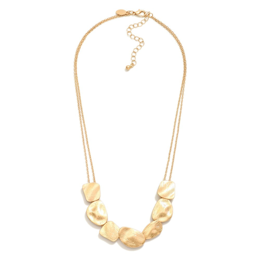 Double Chain Link Necklace Featuring Brushed Metal Geometric Shape Accents
