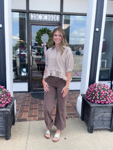 Load image into Gallery viewer, Brown Stripe ¾ Sleeve Ruffle Hem Top