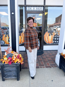 Brown Plaid 3/4 Sleeve Mock Neck Top