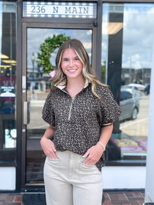 Leopard Short Sleeve half-zip Top