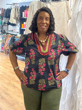 Load image into Gallery viewer, Floral Print Multicolor Accent V-neck Band Collar Top