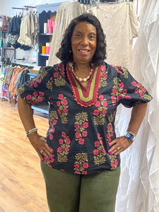 Floral Print Multicolor Accent V-neck Band Collar Top