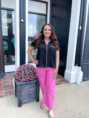 Hot Pink Cropped Wide Leg Pants with Contrast Stitching