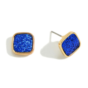 Square Blue Glitter Stud Earring