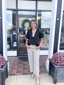 Black Puff Sleeve Top With Contrast Trim