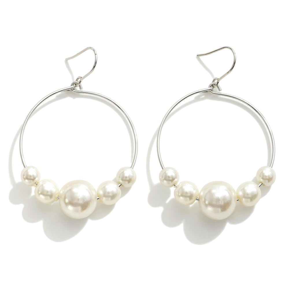 Dainty Circular Metal Earrings Featuring Tapered Pearl Beaded Accent