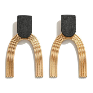 Gold Tone Arch Drop Earrings With Wood Accent