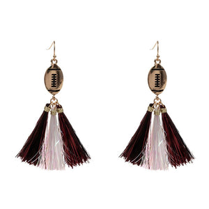 Gold Tone Football Drop Earring With Maroon And White Metallic Tassel Dangles