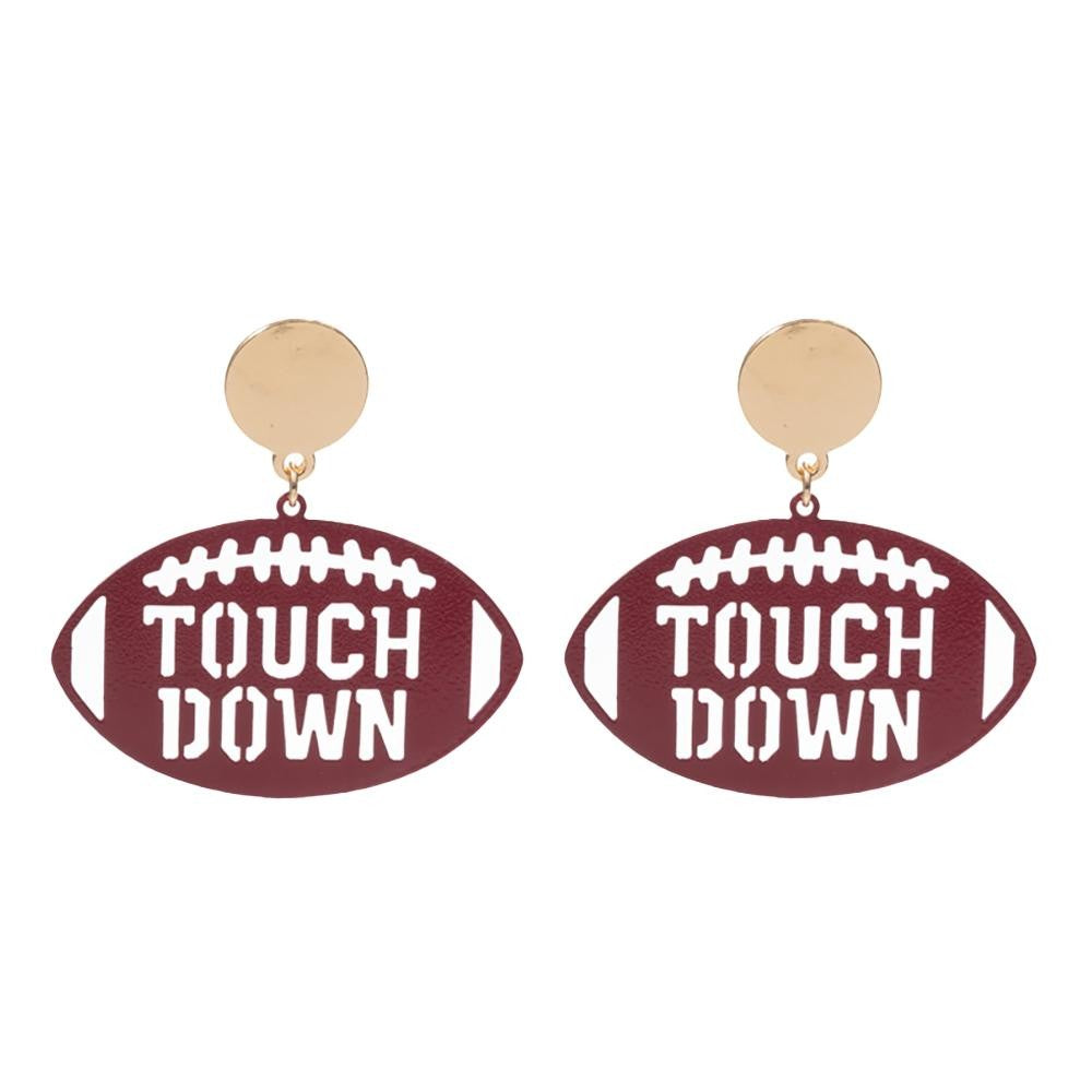 Stamped 'Touch Down' Maroon Metal Football Drop Earrings