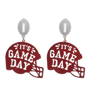 Stamped 'It's Game Day' Football Helmet Drop Earrings- Maroon/White