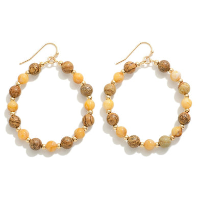 Brown Marbled Bead Hoop Drop Earrings With Gold Tone Bead Accents