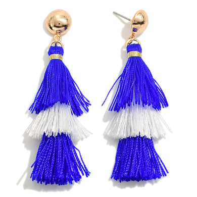 Two Tone String Royal And White Tassel Drop Earring