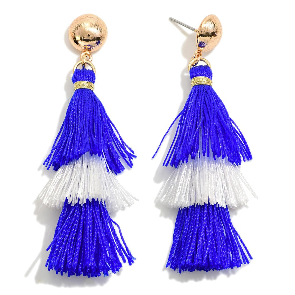 Two Tone String Royal And White Tassel Drop Earring
