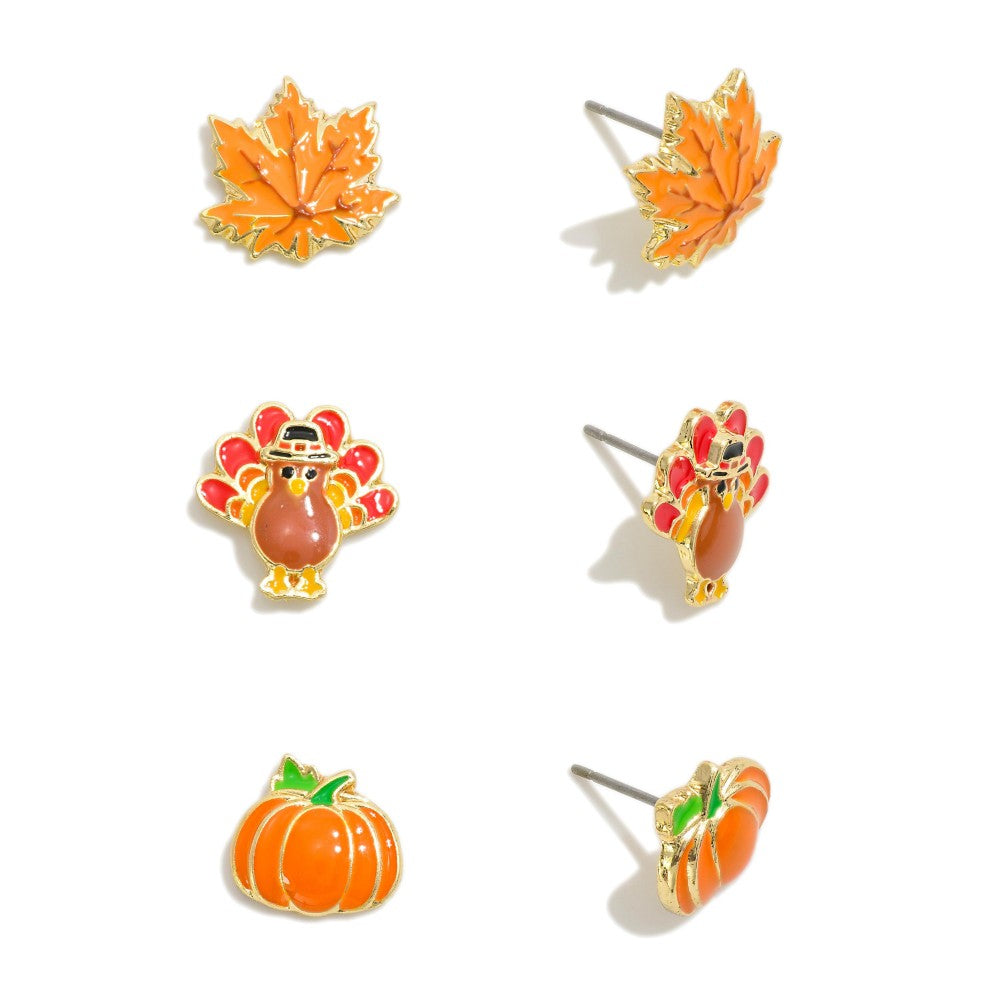 Set of Three Enamel Thanksgiving Themed Stud Earrings
