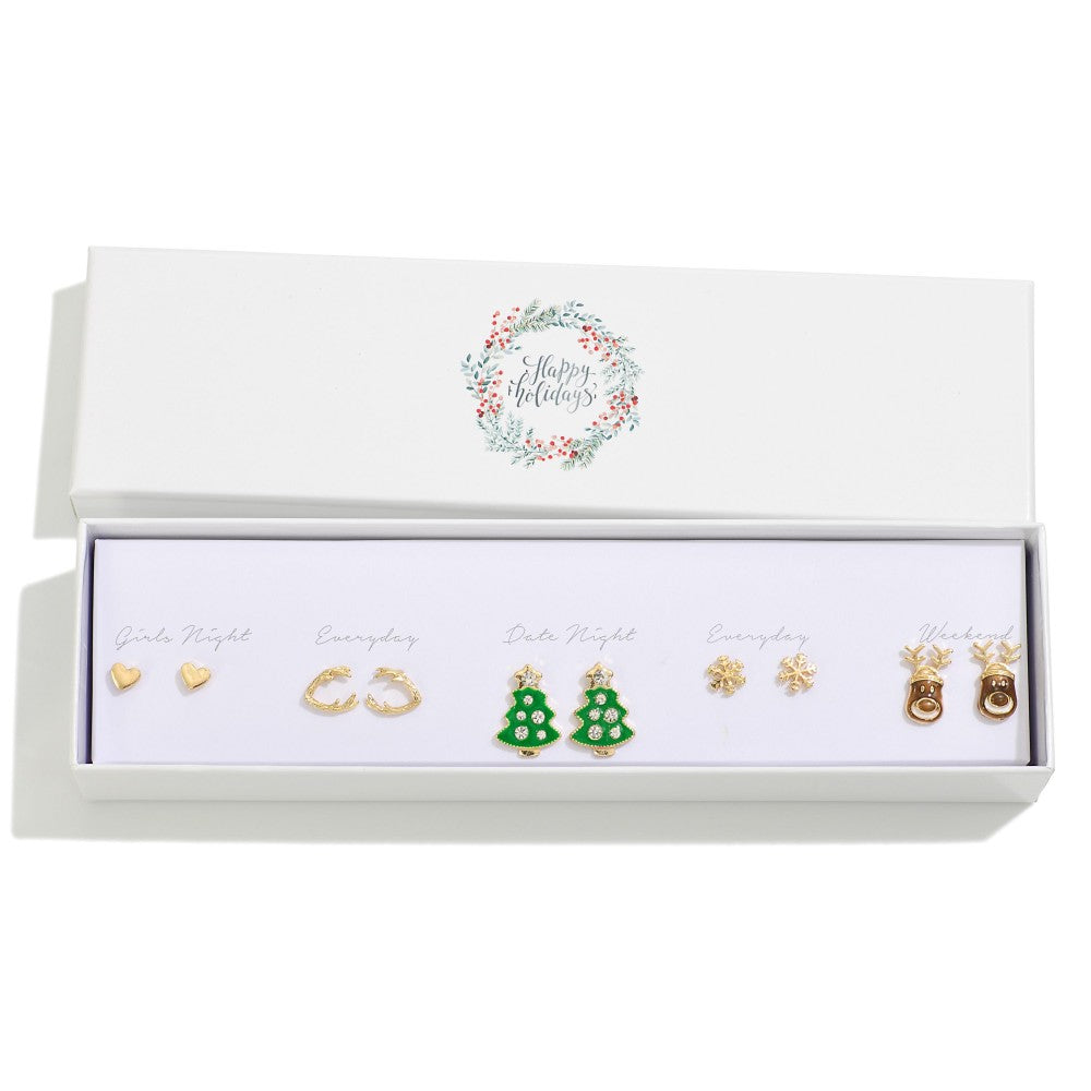 Set of Five Christmas Stud Earrings Featuring Rhinestone and Enamel Accents