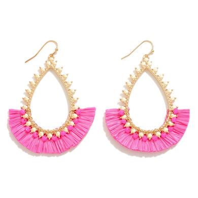 Scalloped Teardrop Pink Earring With Raffia Tassel Detail