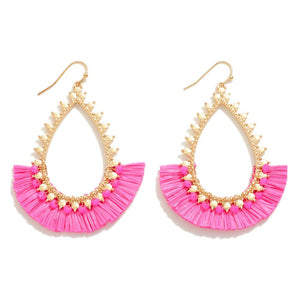 Scalloped Teardrop Pink Earring With Raffia Tassel Detail